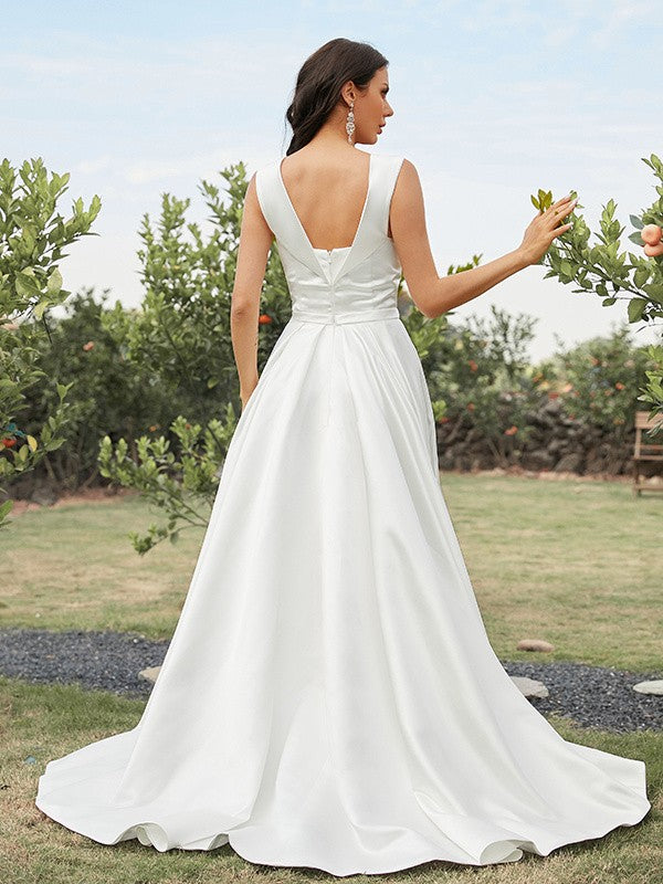 A-Line/Princess Satin Ruched Off-the-Shoulder Sleeveless Sweep/Brush Train Wedding Dresses