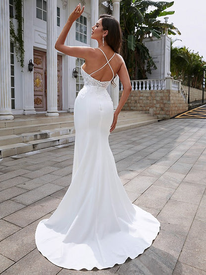 Sheath/Column Stretch Crepe Lace V-neck Sleeveless Sweep/Brush Train Wedding Dresses