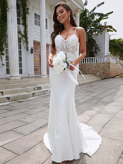 Sheath/Column Stretch Crepe Lace V-neck Sleeveless Sweep/Brush Train Wedding Dresses