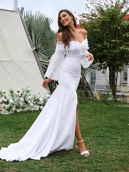 Sheath/Column Stretch Crepe Ruched Off-the-Shoulder Long Sleeves Sweep/Brush Train Wedding Dresses