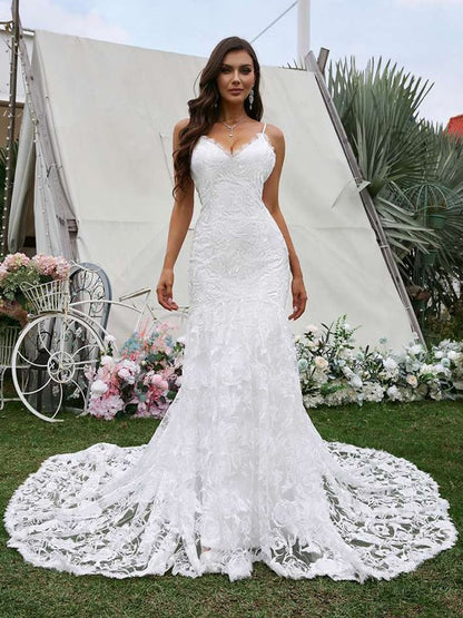 Sheath/Column Lace V-neck Sleeveless Sweep/Brush Train Wedding Dresses