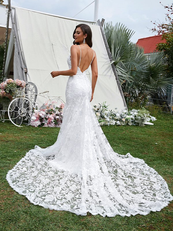 Sheath/Column Lace V-neck Sleeveless Sweep/Brush Train Wedding Dresses