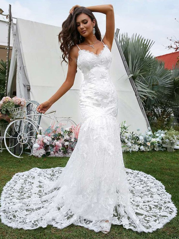 Sheath/Column Lace V-neck Sleeveless Sweep/Brush Train Wedding Dresses