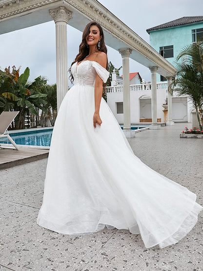 A-Line/Princess Lace Applique Off-the-Shoulder Sleeveless Sweep/Brush Train Wedding Dresses