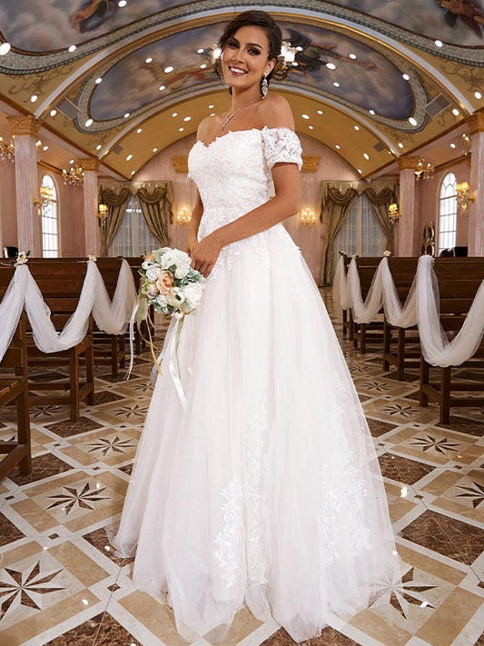 A-Line/Princess Lace Applique Off-the-Shoulder Short Sleeves Sweep/Brush Train Wedding Dresses