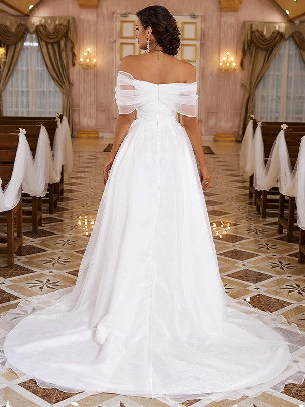 A-Line/Princess Organza Ruched Off-the-Shoulder Sleeveless Sweep/Brush Train Wedding Dresses