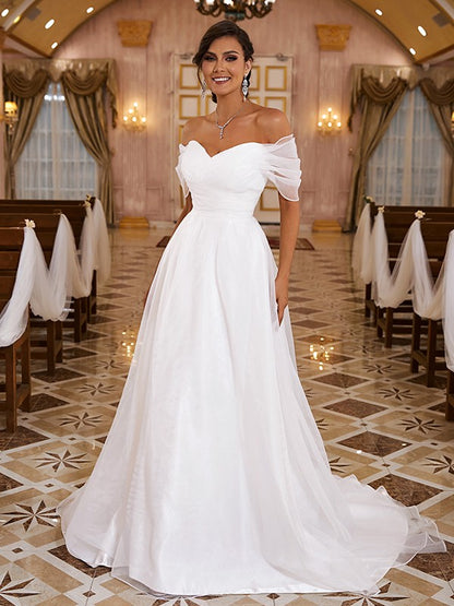 A-Line/Princess Organza Ruched Off-the-Shoulder Sleeveless Sweep/Brush Train Wedding Dresses