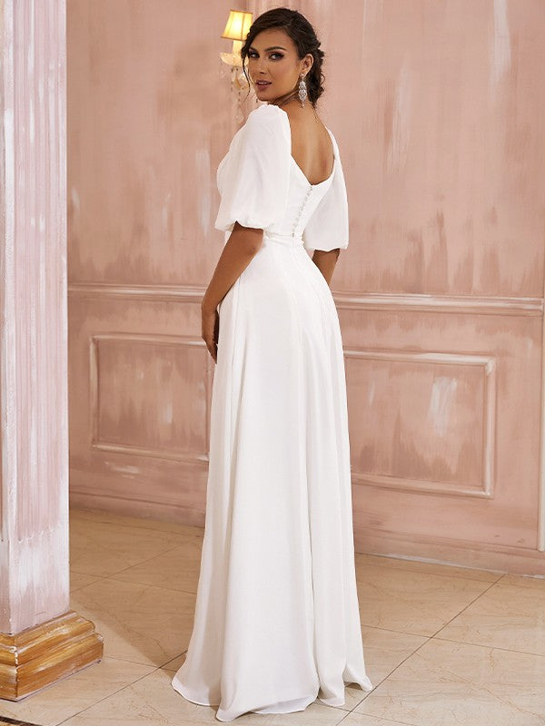 A-Line/Princess Chiffon Ruched Off-the-Shoulder 1/2 Sleeves Floor-Length Wedding Dresses