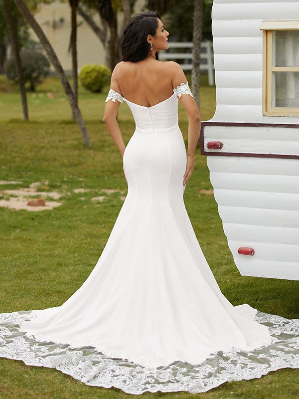 Sheath/Column Stretch Crepe Lace Off-the-Shoulder Sleeveless Cathedral Train Wedding Dresses