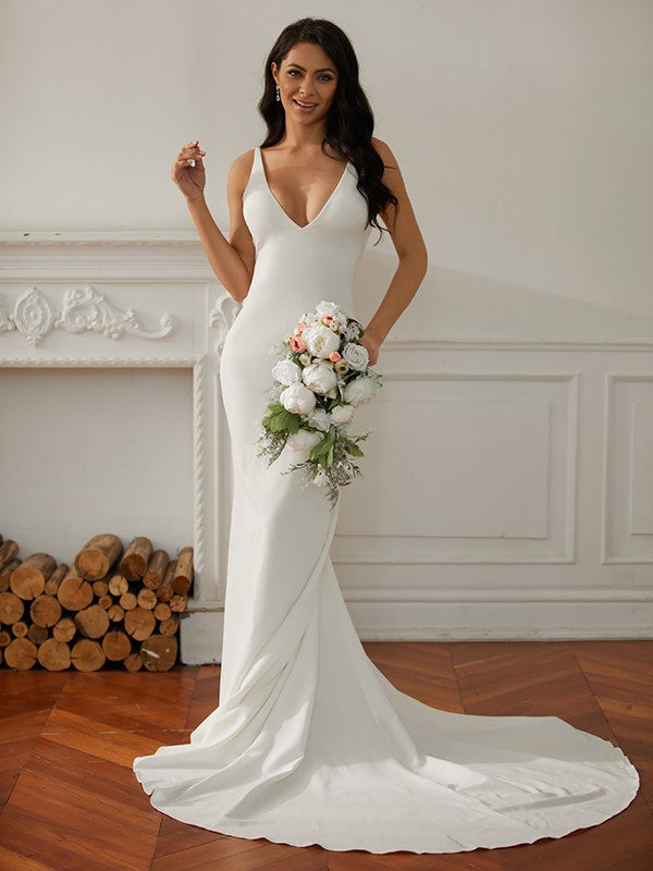 Sheath/Column Stretch Crepe V-neck Sleeveless Court Train Wedding Dresses