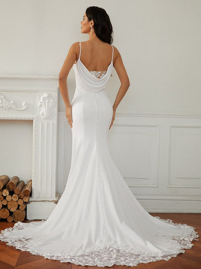 Sheath/Column Stretch Crepe Lace V-neck Sleeveless Court Train Wedding Dresses