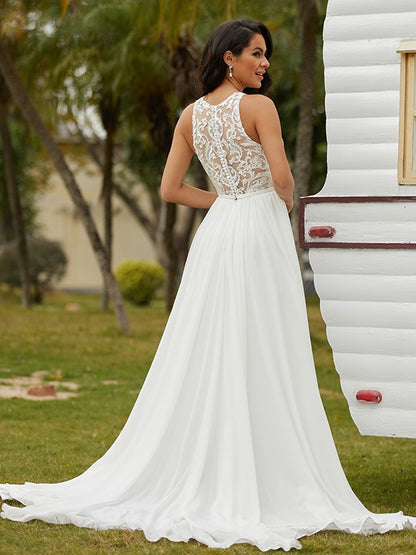 A-Line/Princess Chiffon Lace Scoop Sleeveless Sweep/Brush Train Wedding Dresses