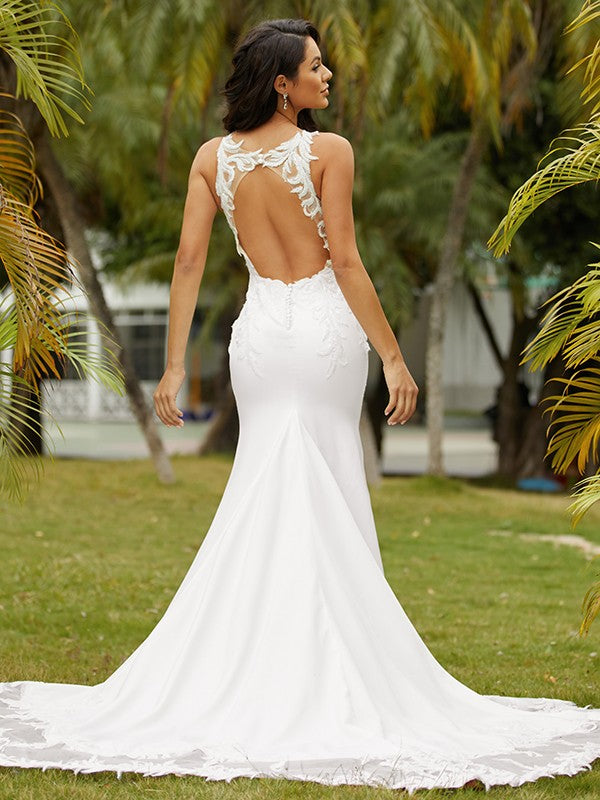 Sheath/Column Stretch Crepe Lace Scoop Sleeveless Sweep/Brush Train Wedding Dresses