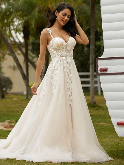 A-Line/Princess Tulle Applique Off-the-Shoulder Sleeveless Chapel Train Wedding Dresses