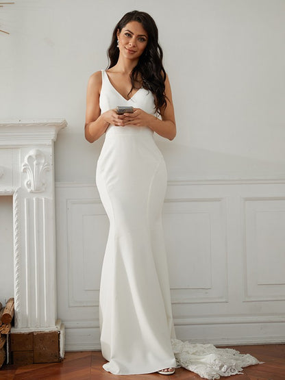 Sheath/Column Stretch Crepe Lace V-neck Sleeveless Sweep/Brush Train Wedding Dresses