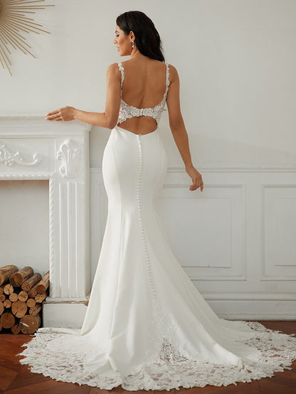 Sheath/Column Stretch Crepe Lace V-neck Sleeveless Sweep/Brush Train Wedding Dresses