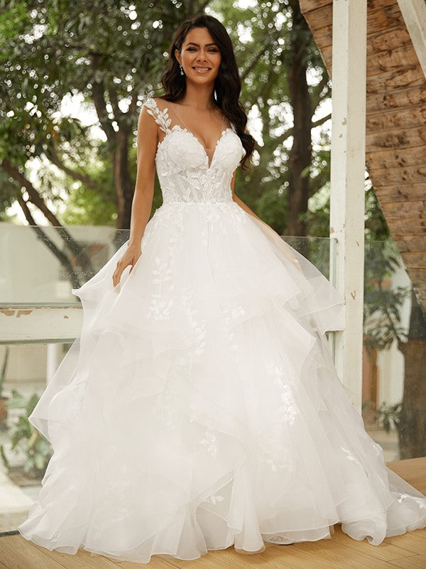 Ball Gown Tulle Applique V-neck Sleeveless Court Train Wedding Dresses