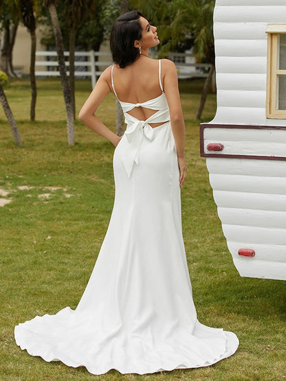 Sheath/Column Stretch Crepe Ruched Spaghetti Straps Sleeveless Sweep/Brush Train Wedding Dresses