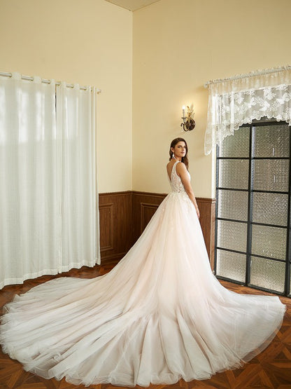 A-Line/Princess Tulle Applique V-neck Sleeveless Cathedral Train Wedding Dresses