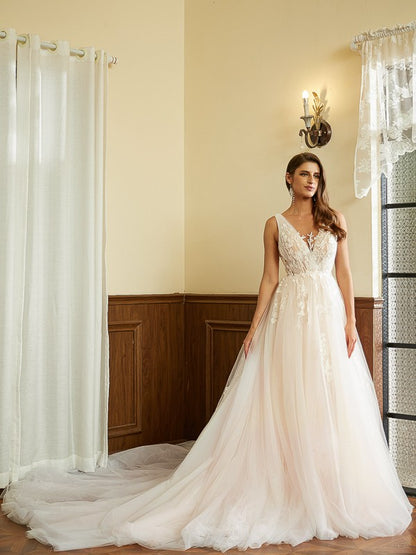 A-Line/Princess Tulle Applique V-neck Sleeveless Cathedral Train Wedding Dresses