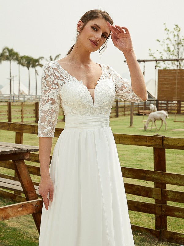 A-Line/Princess Chiffon Lace V-neck 1/2 Sleeves Floor-Length Wedding Dresses