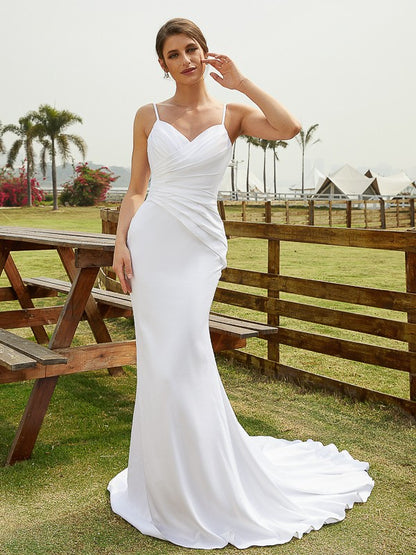 Sheath/Column Charmeuse Ruched V-neck Sleeveless Court Train Wedding Dresses