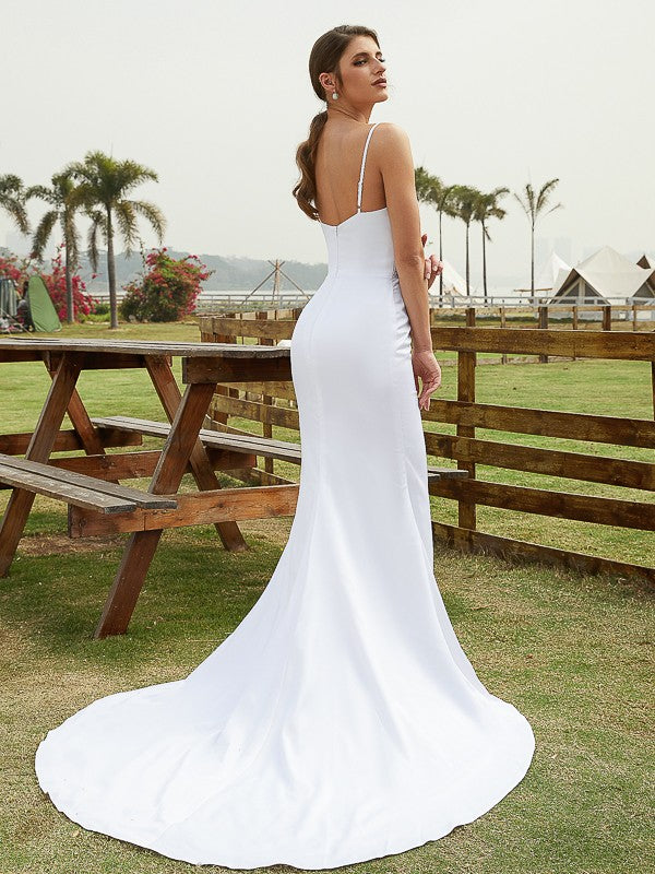 Sheath/Column Charmeuse Ruched V-neck Sleeveless Court Train Wedding Dresses