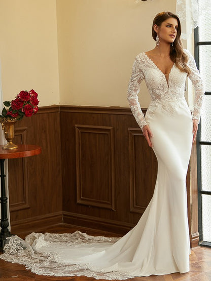 Sheath/Column Stretch Crepe Lace V-neck Long Sleeves Cathedral Train Wedding Dresses