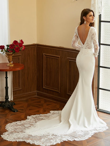 Sheath/Column Stretch Crepe Lace V-neck Long Sleeves Cathedral Train Wedding Dresses