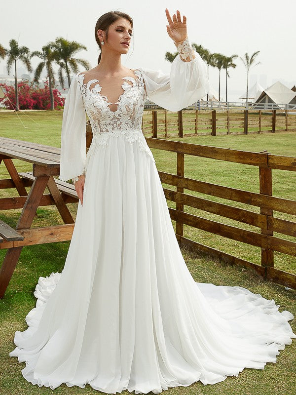 A-Line/Princess Chiffon Applique Scoop Long Sleeves Chapel Train Wedding Dresses