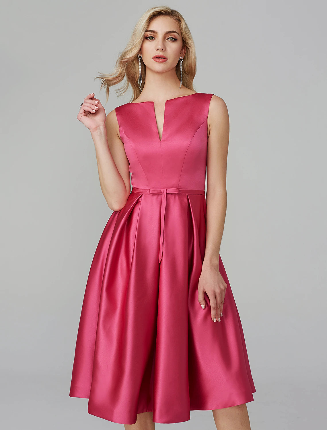 A-Line Party Dress Wedding Guest Cocktail Party Knee Length Sleeveless V Wire Pink Dress Satin with Sash / Ribbon