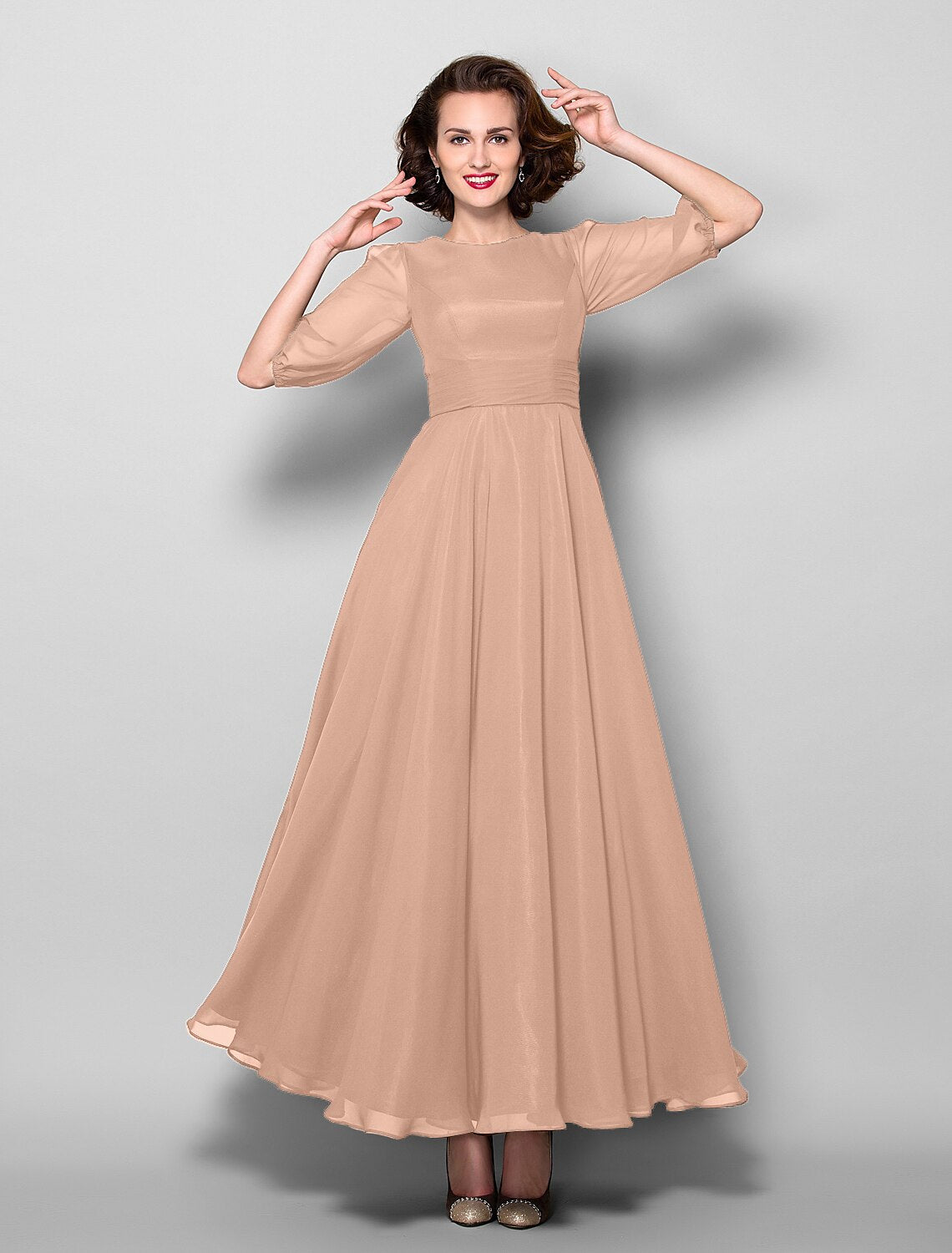 A-Line Mother of the Bride Dress Elegant Jewel Neck Ankle Length Chiffon Half Sleeve with Sash / Ribbon Ruched