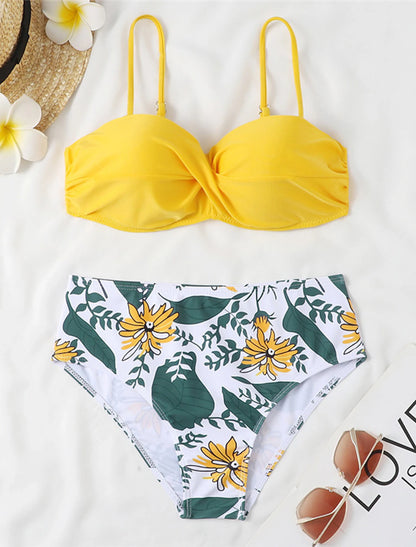 Women's Normal Swimwear Bikini 2 Piece Swimsuit 2 Piece Open Back Sexy Printing High Waisted Floral Leaves Strap Vacation Fashion Bathing Suits