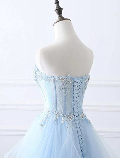 A-Line Sexy Floral Engagement Prom Birthday Dress Strapless Sleeveless Sweep / Brush Train Lace with Pleats Lace