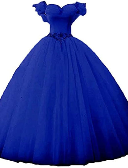 Ball Gown Prom Dresses Princess Dress Graduation Quinceanera Floor Length Sleeveless Off Shoulder Tulle with Pearls Beading Butterfly