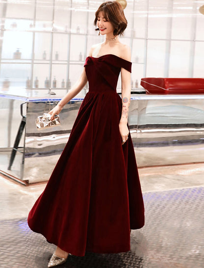 A-Line Evening Gown Elegant Dress Wedding Guest Formal Evening Ankle Length Short Sleeve Off Shoulder Velvet with Sleek