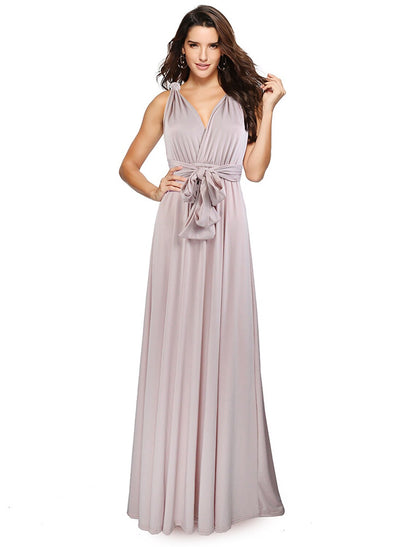 A-Line Bridesmaid Dress Halter / V Neck Sleeveless Convertible Floor Length Spandex with Sash / Ribbon / Pleats