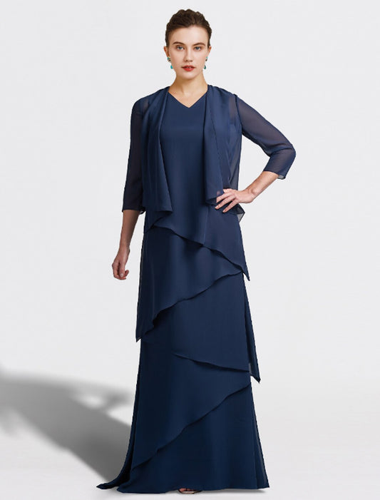 Two Piece A-Line Mother of the Bride Dress Plus Size Elegant V Neck Floor Length Chiffon Sleeveless Wrap Included with Ruffles