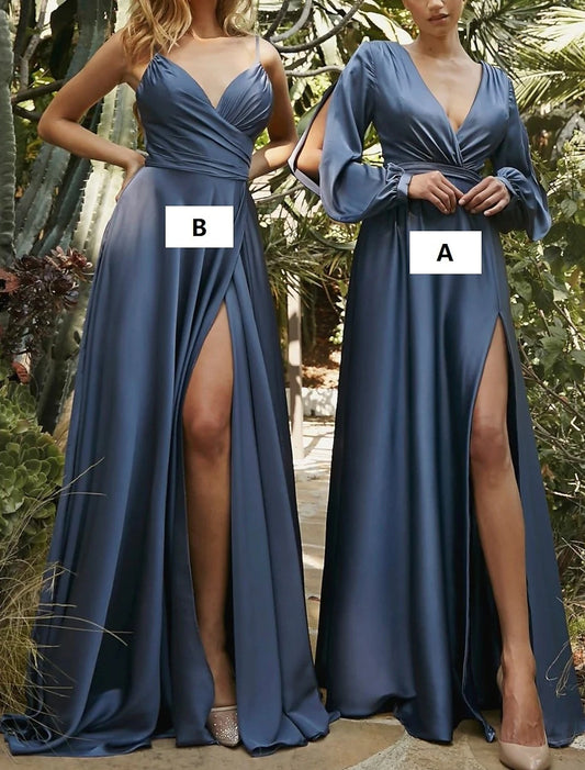 A-Line Bridesmaid Dress V Neck Long Sleeve Blue Floor Length Chiffon with Split Front / Ruching