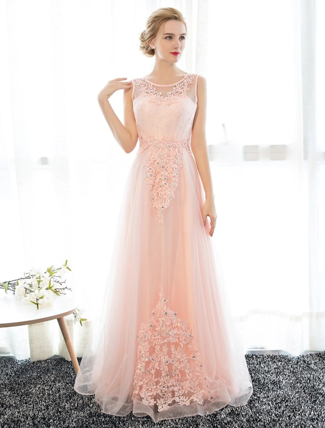 Sheath / Column Dress Wedding Guest Prom Floor Length Sleeveless Illusion Neck Satin with Crystals Appliques