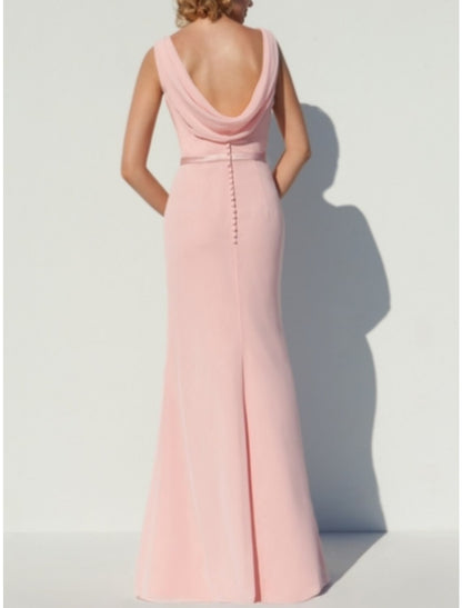 A-Line Bridesmaid Dress Scoop Neck Sleeveless Elegant Floor Length Chiffon with Split Front / Crystal Brooch / Ruching