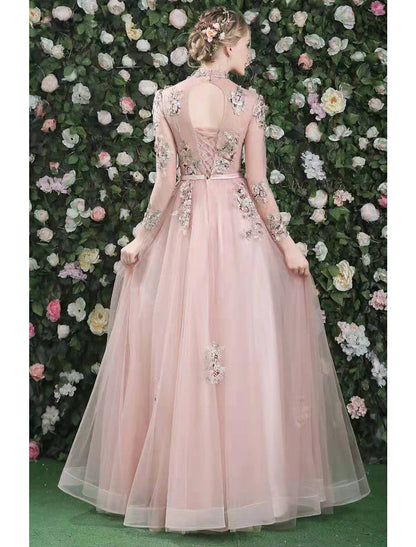 A-Line Cut Out Floral Prom Formal Evening Dress High Neck Long Sleeve Floor Length Organza with Embroidery