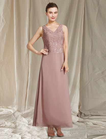 Two Piece Sheath / Column Mother of the Bride Dress Elegant V Neck Ankle Length Chiffon Lace Sleeveless Wrap Included with Beading Appliques