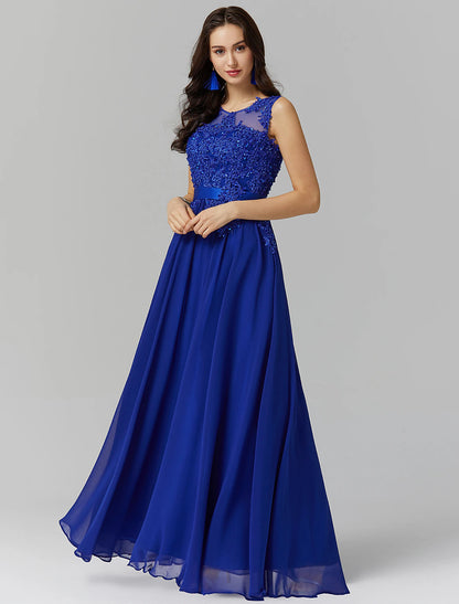 A-Line Bridesmaid Dress Jewel Neck Sleeveless Elegant Floor Length Chiffon / Lace with Appliques