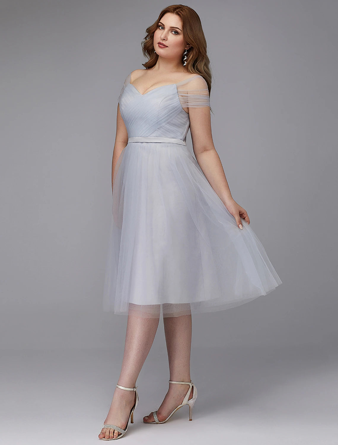 A-Line Elegant Dress Wedding Guest Cocktail Party Tea Length Short Sleeve Off Shoulder Tulle with Sash / Ribbon Criss Cross