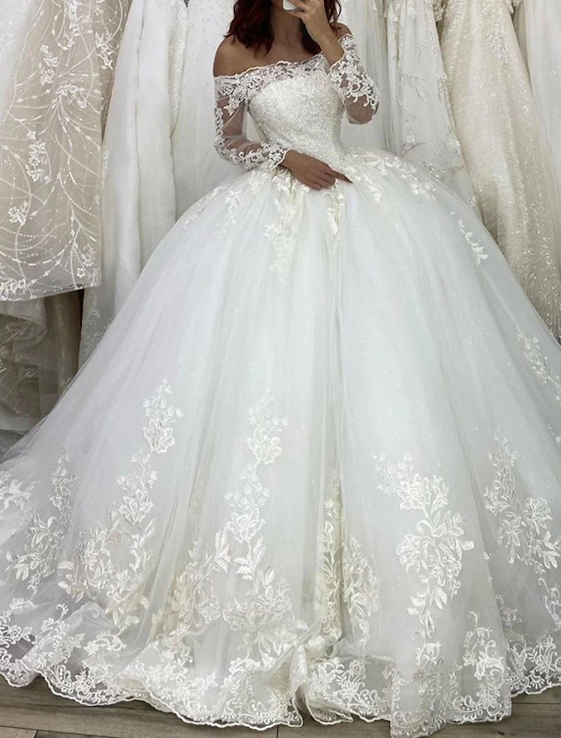 Engagement Fall Formal Wedding Dresses Ball Gown Off Shoulder Long Sleeve Chapel Train Lace Bridal Gowns With Appliques