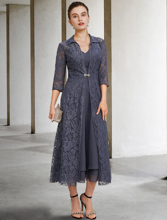 A-Line Mother of the Bride Dress Elegant V Neck Tea Length Chiffon Lace Sleeveless Jacket Dresses with Tier Solid