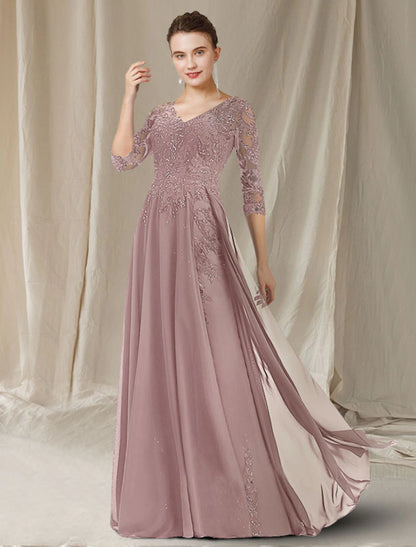 A-Line Mother of the Bride Dress Elegant V Neck Floor Length Chiffon Lace Sequined Half Sleeve with Sequin Appliques