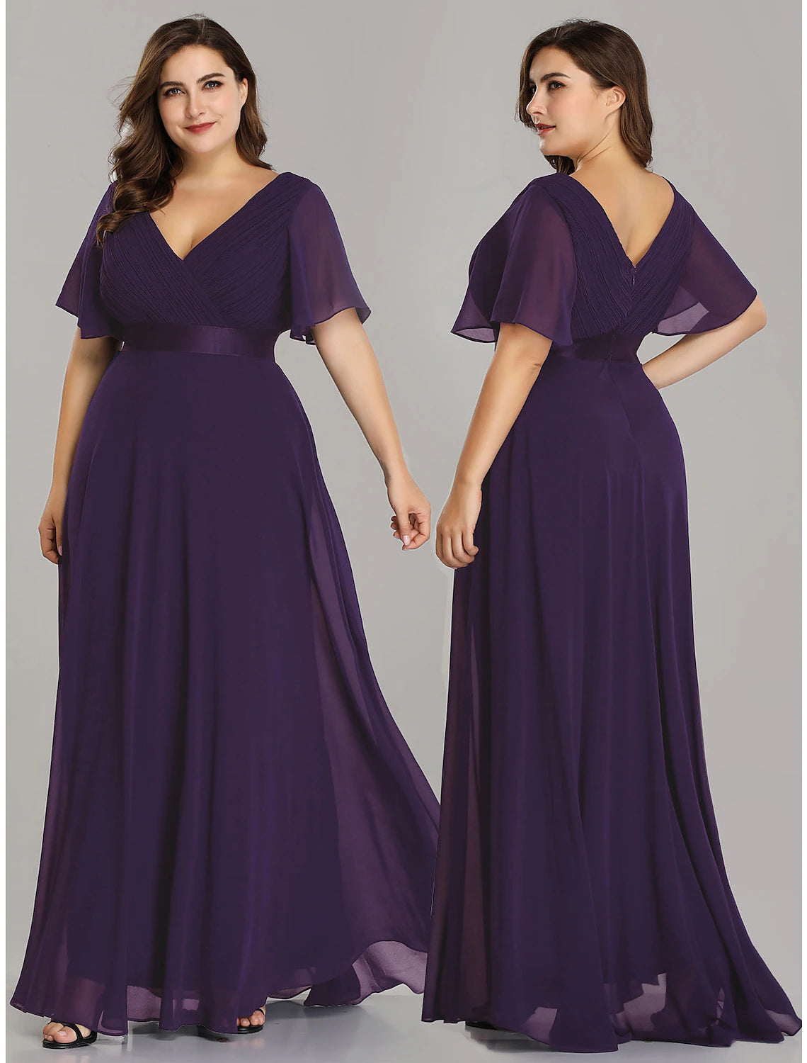 A-Line Empire Fall Wedding Guest Dress For Bridesmaid Plus Size Formal Evening Dress V Neck Short Sleeve Floor Length Chiffon with Pleats Ruched