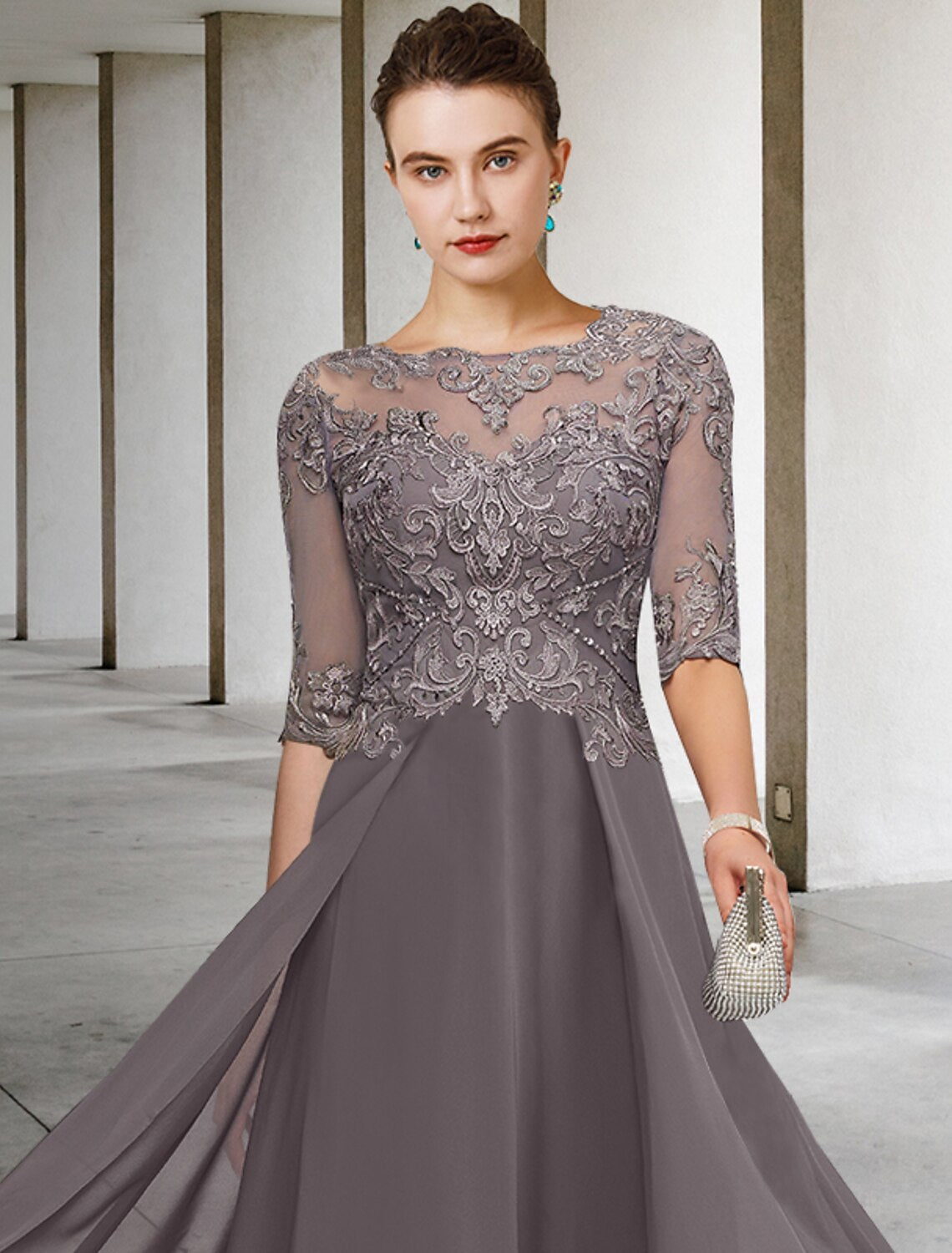 A-Line Mother of the Bride Dress Formal Wedding Guest Elegant Scoop Neck Asymmetrical Ankle Length Chiffon Lace Half Sleeve No with Beading Appliques